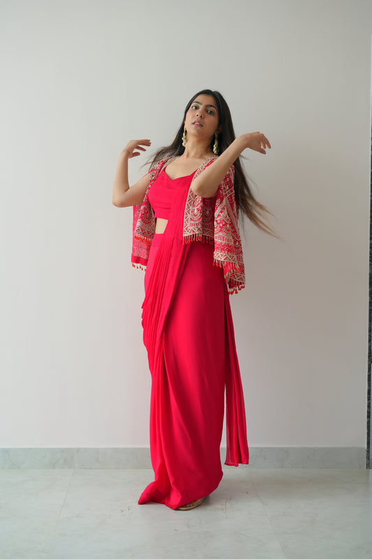 Red embroidered jacket saree - TBFO