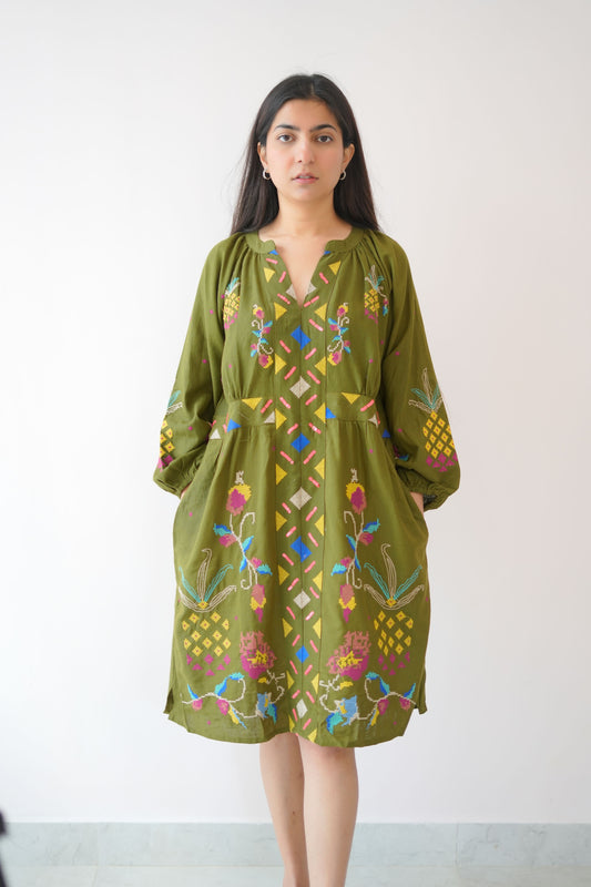 Short linen unique dress green - TBFO