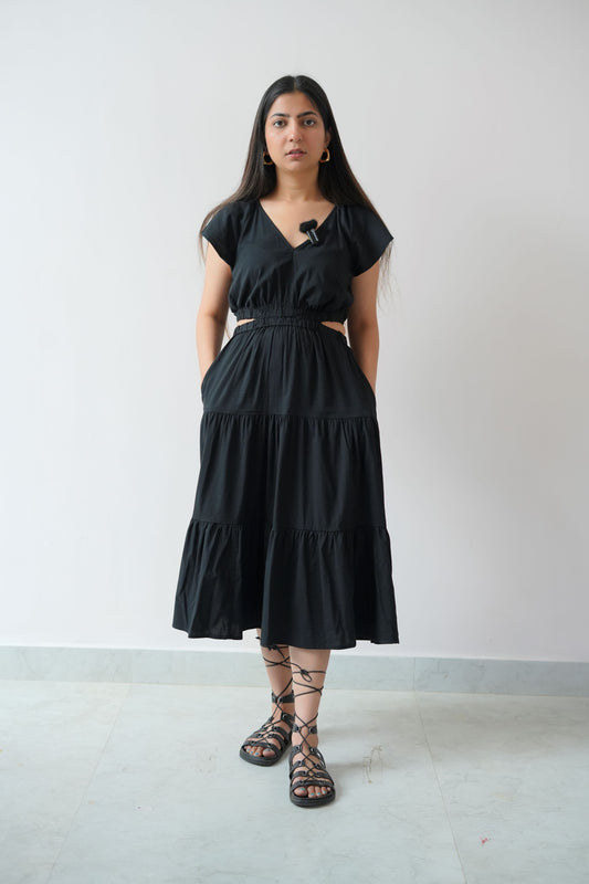 Waist cut solid black dress